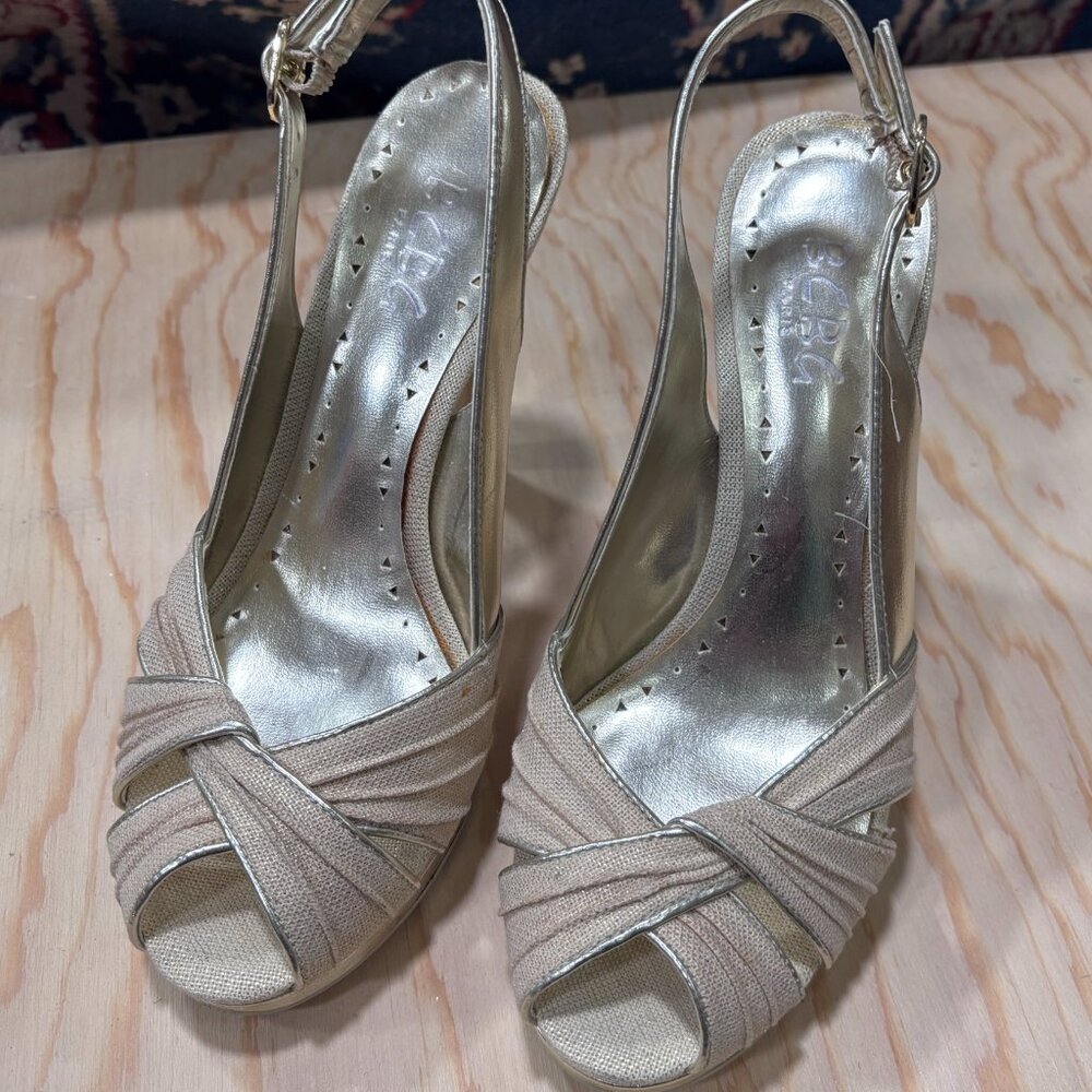 BCBG Paris metallic peep-toe slingback heels size 6 1/2.